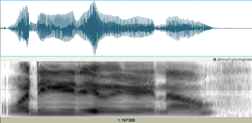 Waveform and spectrogram of a spontaneous speech recording of "What are you doing right now?", showing change in formant frequencies and bandwidths, but few clear consonants.